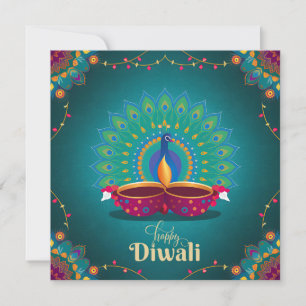 Happy Diwali Peacock Diya Festival of Light Blue Holiday Card