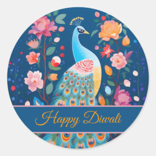 Happy Diwali Peacock & Flowers Classic Round Sticker