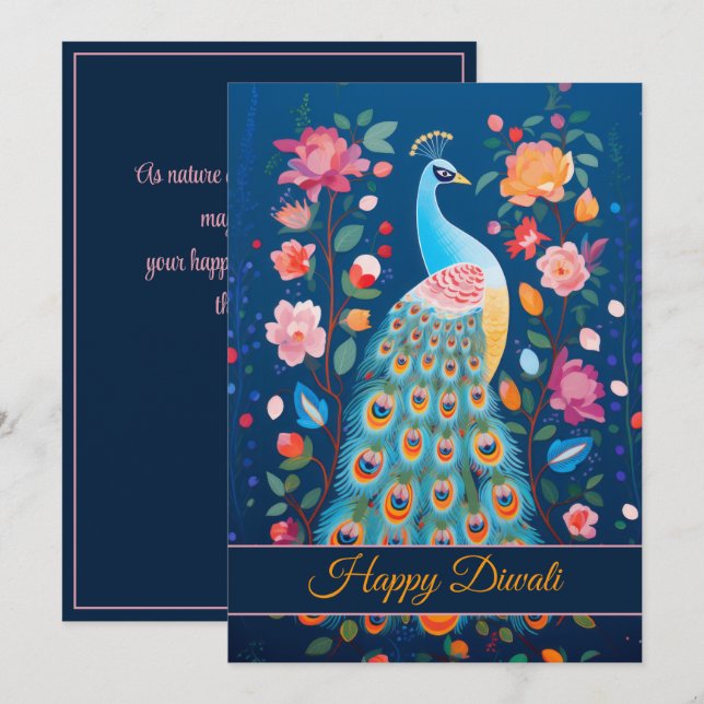 Happy Diwali Peacock & Flowers Holiday Card (Front/Back)