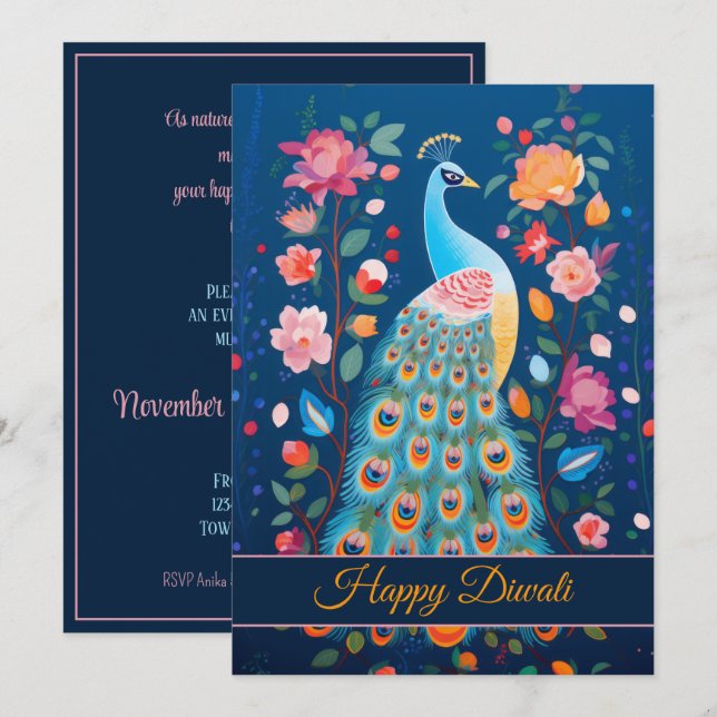 Happy Diwali Peacock & Flowers Invitation (Front/Back)