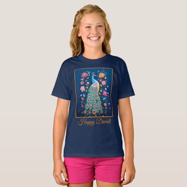 Happy Diwali Peacock & Flowers T-Shirt (Front Full)