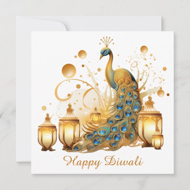 Happy Diwali Peacock Lantern Festival of Light Holiday Card (Front)