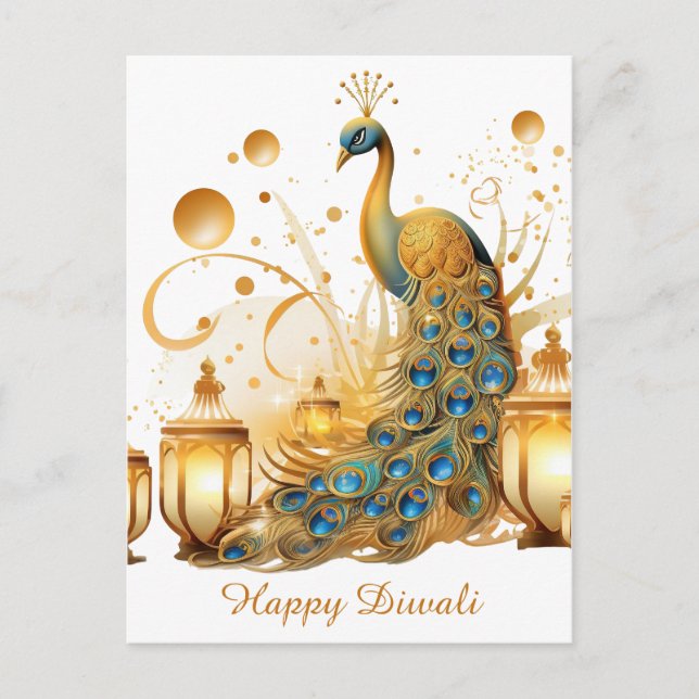 Happy Diwali Peacock Lantern Festival of Light Holiday Postcard (Front)