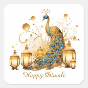 Happy Diwali Peacock Lantern Festival of Light Square Sticker