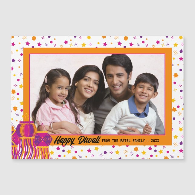 Happy Diwali Photo Colourful Lantern Magnetic Card (Front)