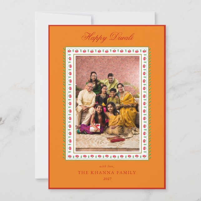 Happy Diwali Photo Mustard & Red floral  Greeting Holiday Card (Front)