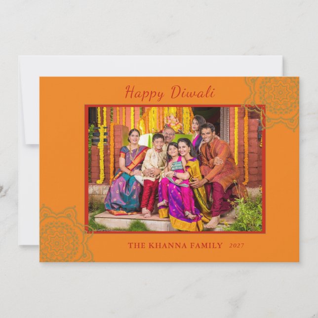 Happy Diwali Photo Orange Gold Mandala Greeting Holiday Card (Front)