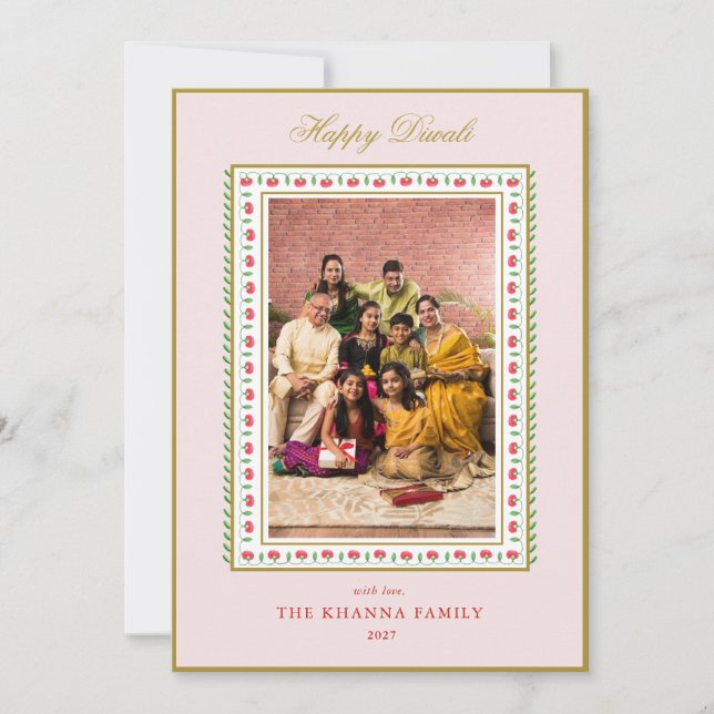 Happy Diwali Photo Pink Red floral  Greeting Holiday Card (Front)