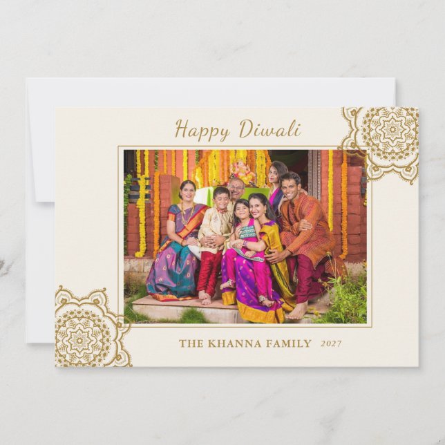 Happy Diwali Photo Red Gold Mandala Greeting Holiday Card (Front)