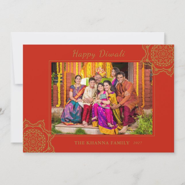 Happy Diwali Photo Red Gold Mandala Greeting Holiday Card (Front)