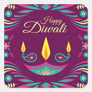 Happy Diwali purple and teal candles illustration Square Sticker