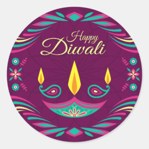 Happy Diwali purple candle flat illustration Classic Round Sticker