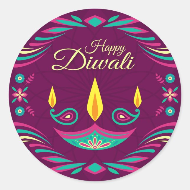 Happy Diwali purple candle flat illustration Classic Round Sticker (Front)