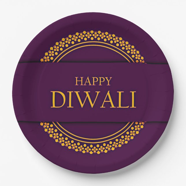 Happy Diwali Purple Gold Elegant 9"  Paper Plate (Front)