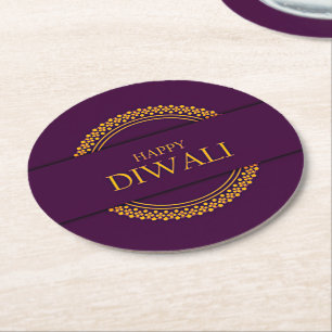 Happy Diwali Purple Gold Elegant Round Paper Coaster