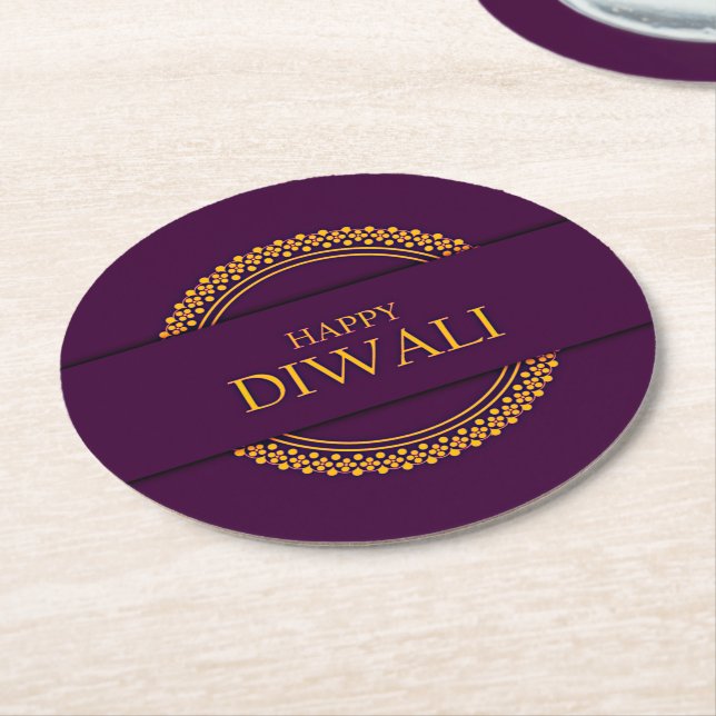 Happy Diwali Purple Gold Elegant Round Paper Coaster (Angled)