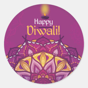Happy diwali purple ornamental rangoli classic round sticker