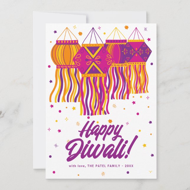 Happy Diwali Purple Pink Gold Lantern Lamp Card (Front)