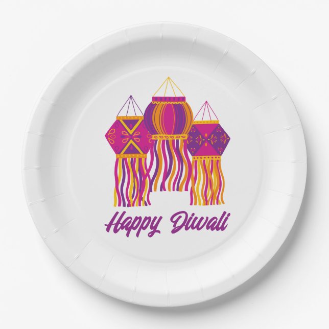 Happy Diwali Purple Pink Yellow Lantern Custom Paper Plate (Front)
