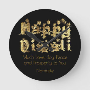 Happy Diwali Quote Black and Gold Star Typography Round Clock