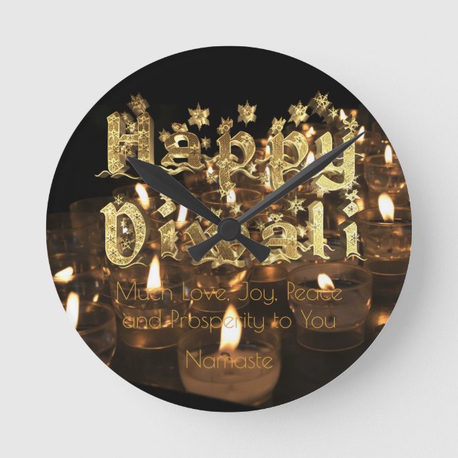 Happy Diwali Quote Black Gold Typography Candles Round Clock (Front)
