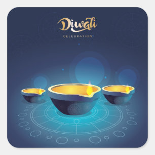 Happy Diwali Rangoli Blue Diya Festival of Light Square Sticker