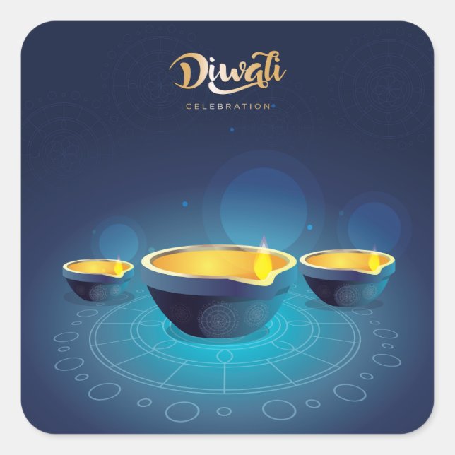Happy Diwali Rangoli Blue Diya Festival of Light Square Sticker (Front)