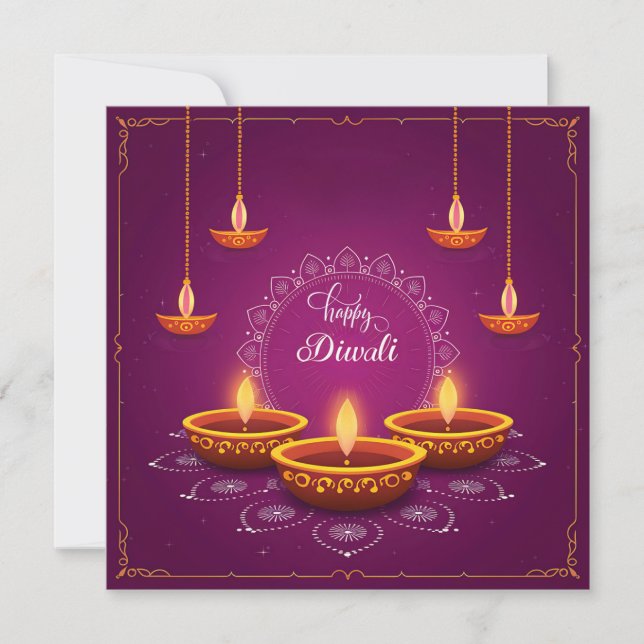Happy Diwali Rangoli Diya Festival of Light Purple Holiday Card (Front)