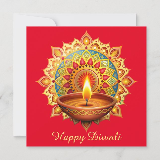 Happy Diwali Rangoli Diya Festival of Light Red Holiday Card (Front)