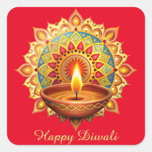 Happy Diwali Rangoli Diya Festival of Light Red Square Sticker
