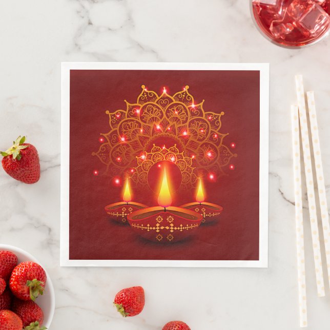 Happy Diwali Red Gold Sparkle Mandala Diya Candles Napkin (Insitu)