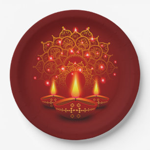Happy Diwali Red Gold Sparkle Mandala Diya Candles Paper Plate