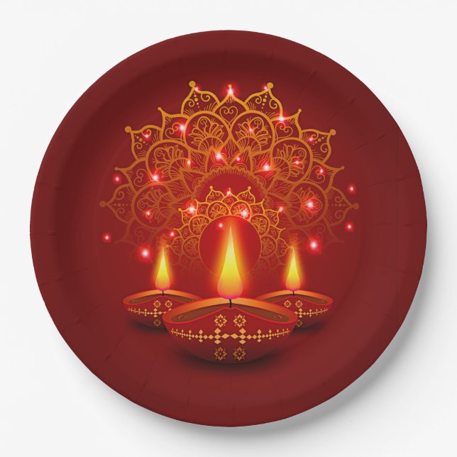 Happy Diwali Red Gold Sparkle Mandala Diya Candles Paper Plate (Front)