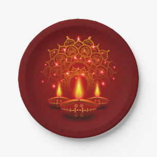 Happy Diwali Red Gold Sparkle Mandala Diya Candles Paper Plate