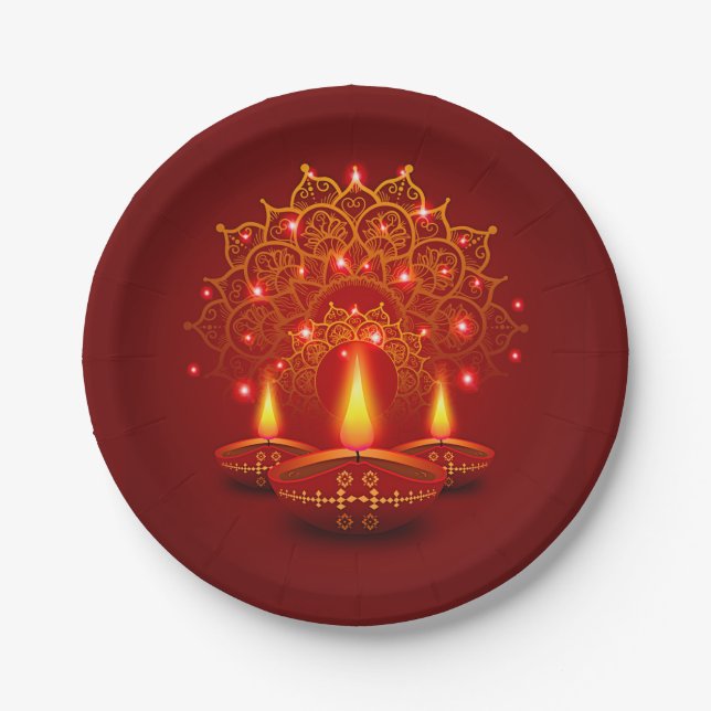 Happy Diwali Red Gold Sparkle Mandala Diya Candles Paper Plate (Front)