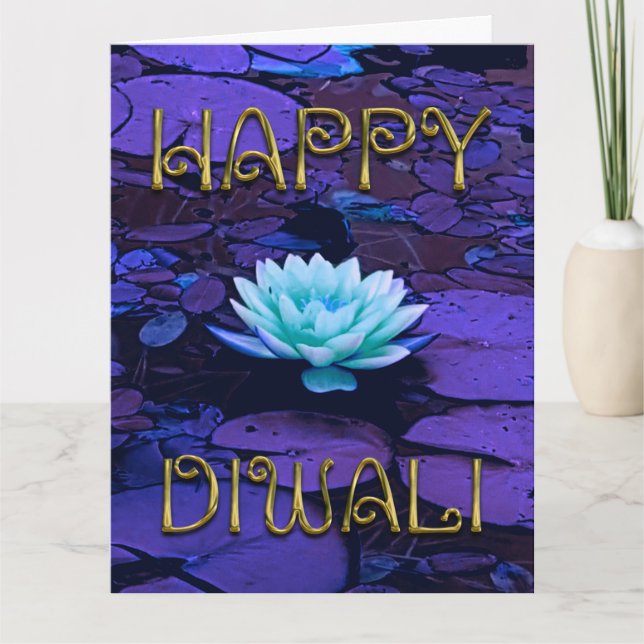 Happy Diwali Typography Purple Floral Lotus Flower Card (Front)