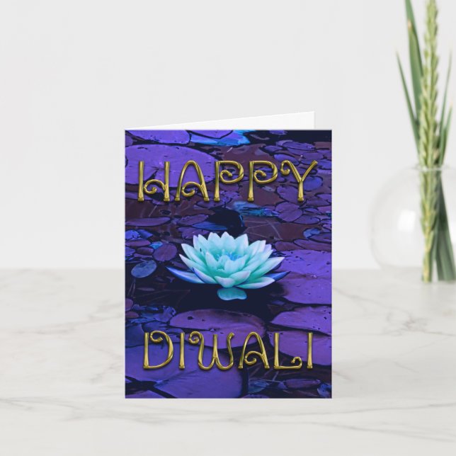Happy Diwali Typography Purple Floral Lotus Flower Card (Front)