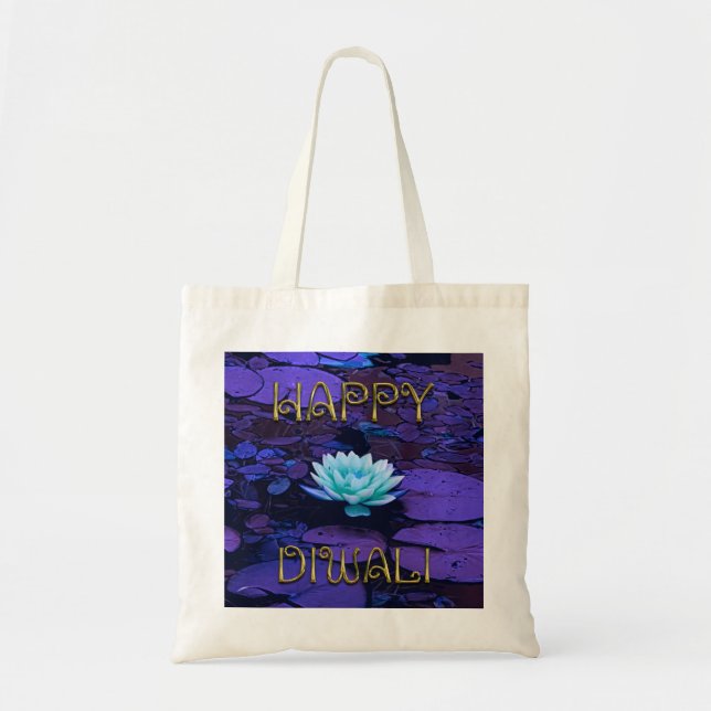 Happy Diwali Typography Purple Floral Lotus Flower Tote Bag (Front)