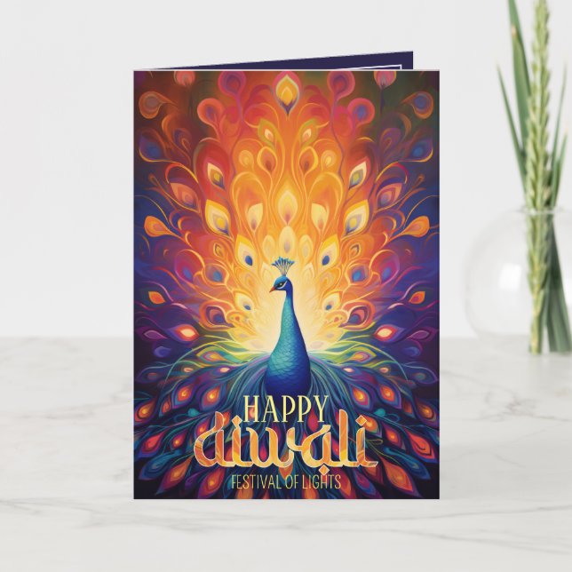 Happy Diwali Vibrant Peacock Festival of Lights  Holiday Card (Front)