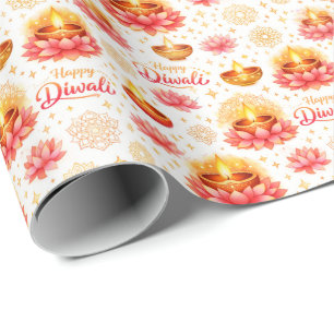 Happy Diwali — Watercolor Diya & Lotus  Wrapping Paper