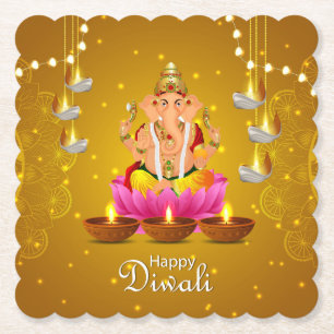 Happy Diwali with Diya, Rangoli and Ganesh Paper Coaster