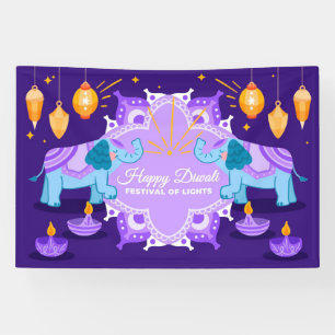 Happy Diwali with Elephants, Rangoli and Diya Banner