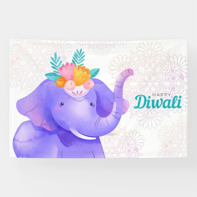 Happy Diwali with Rangoli and Elephant Banner (Horizontal)
