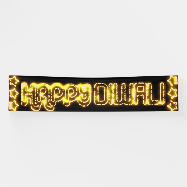 Happy Diwali Yellow Golden Lights Typography Stars Banner (Horizontal)