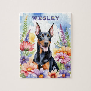 Happy Doberman Dog Vibrant Watercolor Pet Jigsaw Puzzle
