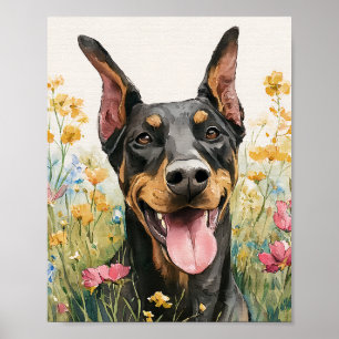 Happy Doberman in Wildflowers – Watercolor Dog Art Poster