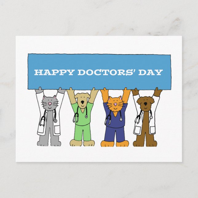 Happy Doctors' Day Cartoon Pets Postcard (Front)