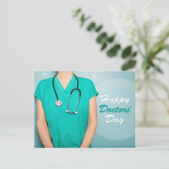 Happy Doctors Day Female in Scrubs and Stethoscope Holiday Postcard (Standing Front)