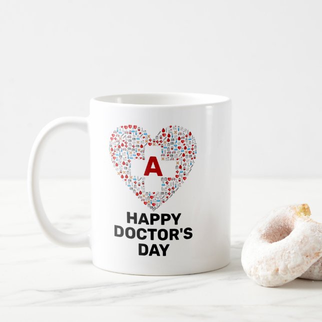 Happy doctors day with medical heart monogram coffee mug (With Donut)