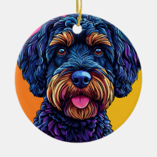 Happy Dog Against Colourful Background Ceramic Tree Decoration